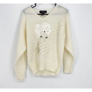 Vintage Angenie Ivory Wool Blend Sweater Sequin Pearl Accents Woman's Face Small